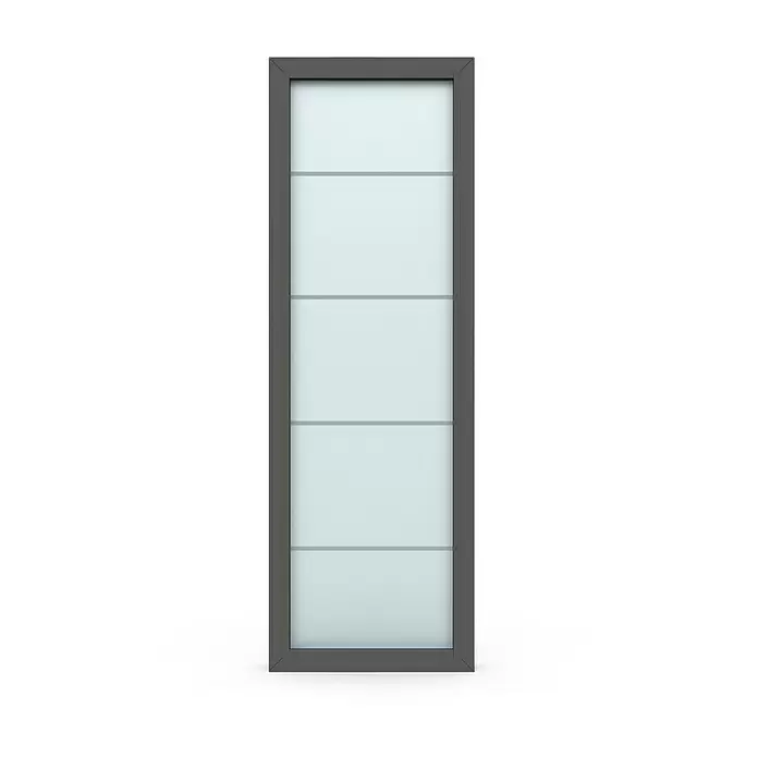 Gerda Seitenteil Thermo Prime - 70 x 210 cm, Anthrazitgrau, Sandgestrahlt mit 4 Klarstreifen - Hohe, dunkelgraue Tür mit fünf vertikal angeordneten, mattweißen Paneelen.