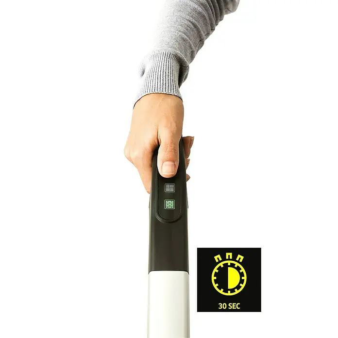 Kärcher Dampfreiniger SC 2 Upright EasyFix - 1.600 W, Aufheizzeit: 0,5 min, Behältervolumen: 0,4 l - Hand hält einen Staubsaugergriff. Das Bild zeigt die Bedienelemente und ein Symbol für eine 30-Sekunden-Funktion.
