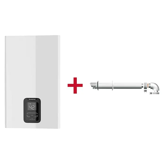 Ariston Calentador estanco Next Evo X SFT - 22 kW, Caudal de agua: 11 l/min, Gas butano - Imagen de producto de un calentador de agua Ariston con pantalla digital y tuberías, para su instalación y uso en el hogar.