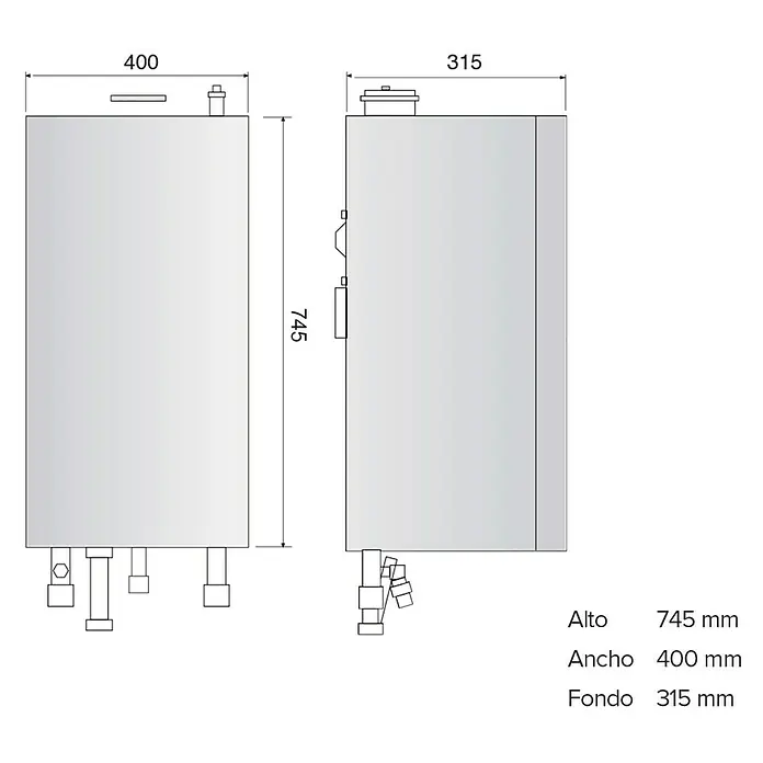 Ariston Caldera Matis Condens Plus 24 - 22 kW, 8 l, Display multifunción - Imagen de un calentador de agua dimensionado de 745 mm de alto, 400 mm de ancho y 315 mm de profundidad.