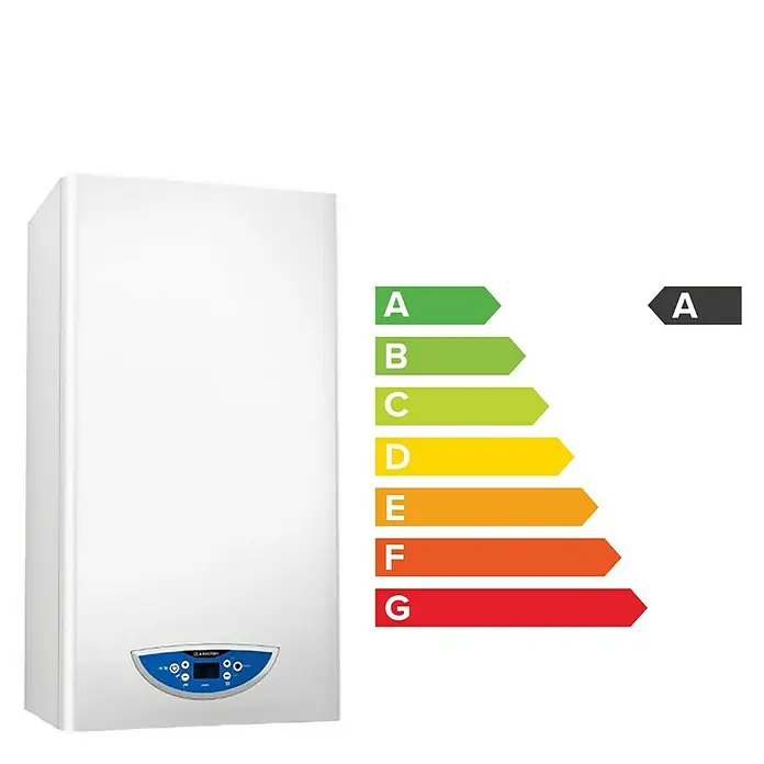 Ariston Caldera Matis Condens Plus 24 - 22 kW, 8 l, Display multifunción - Imagen de una caldera Ariston blanca acompañada de flechas de eficiencia energética de A a G.