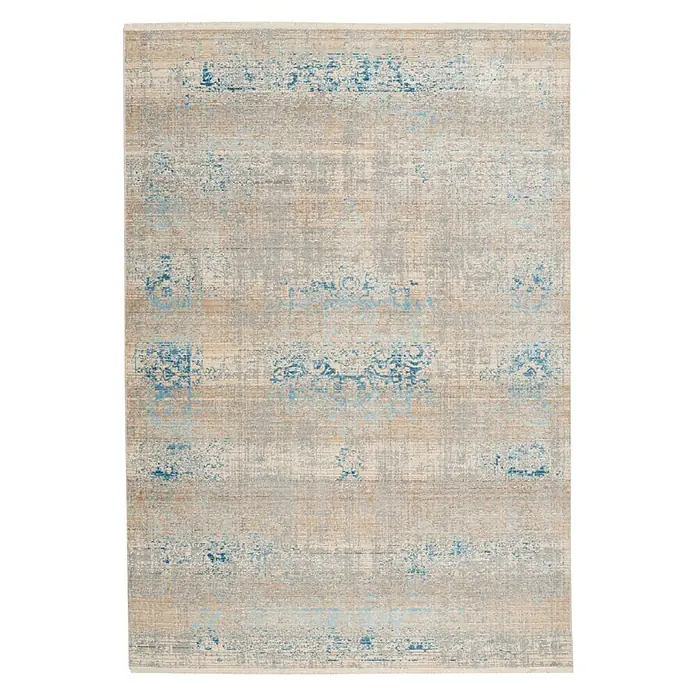 Kayoom Kurzflorteppich Baroque - Beige/Blau, 170 x 120 cm, 100 % Polyester - Ein beigefarbener Teppich mit blauen Akzenten und einem leicht verwaschenen, orientalisch anmutenden Muster, das dem Teppich einen Vintage-Look verleiht.