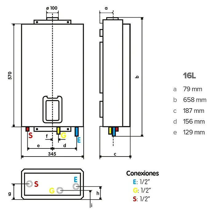 Ariston Calentador estanco Next Evo X SFT - 22 kW, Caudal de agua: 16 l/min, Combustible: Gas natural - Imagen del producto de un calentador de agua de 16L con dimensiones y detalles de conexión para instalaciones.