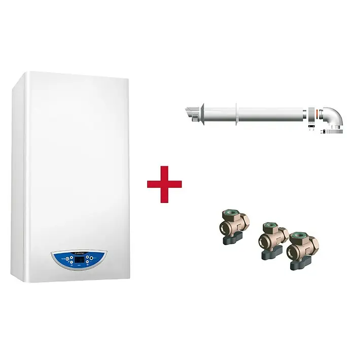 Ariston Caldera Matis Condens Plus 24 - 22 kW, 8 l, Display multifunción - La imagen muestra un sistema de calefacción con una caldera blanca, un tubo de escape y tres válvulas. Ideal para edificios residenciales.