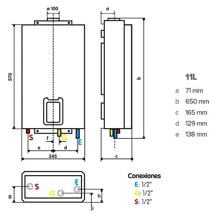 Ariston Calentador estanco Next Evo X SFT - 22 kW, Caudal de agua: 11 l/min, Gas butano - Dibujo técnico de un calentador de agua con dimensiones y detalles de conexión para instalación y mantenimiento.