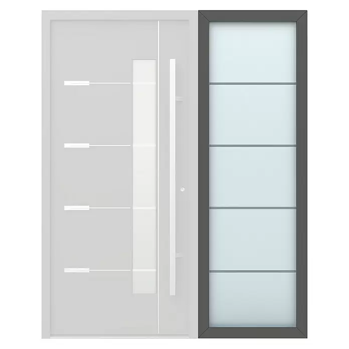 Gerda Seitenteil Thermo Prime - 70 x 210 cm, Anthrazitgrau, Sandgestrahlt mit 4 Klarstreifen - Moderne hellgraue Haustür mit Glas, horizontalen Akzenten und langem Griff, dazu ein dunkelgrau gerahmtes Glasseitenteil.