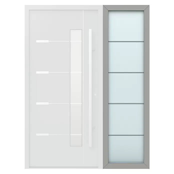 Gerda Seitenteil Thermo Prime - 60 x 210 cm, Grau, Sandgestrahlt mit 4 Klarstreifen - Moderne weiße Eingangstür mit Langgriff und Milchglas-Seitenteil.