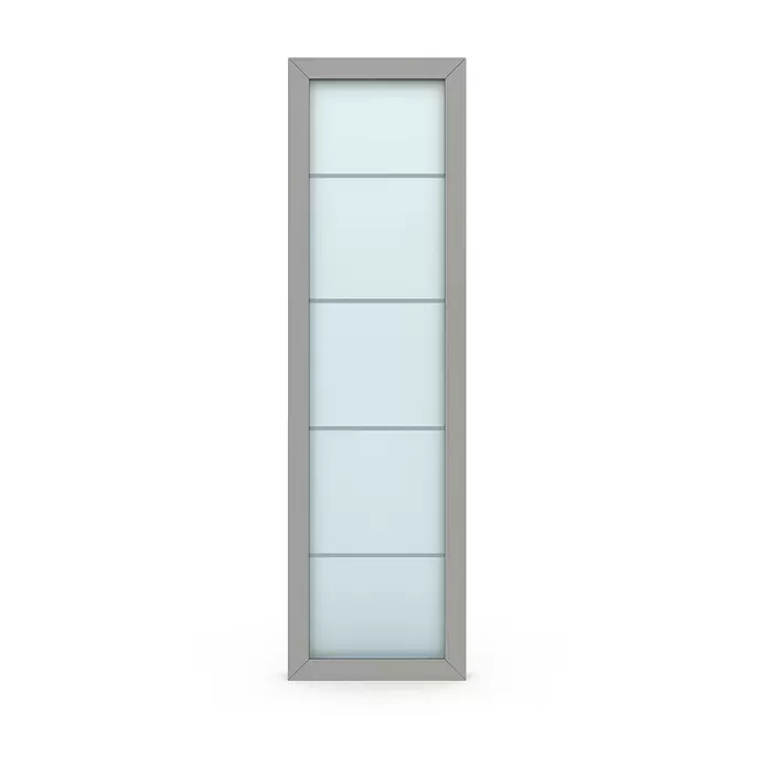 Gerda Seitenteil Thermo Prime - 60 x 210 cm, Grau, Sandgestrahlt mit 4 Klarstreifen - Vertikale Milchglasplatte mit grauem Rahmen und horizontalen Trennleisten.