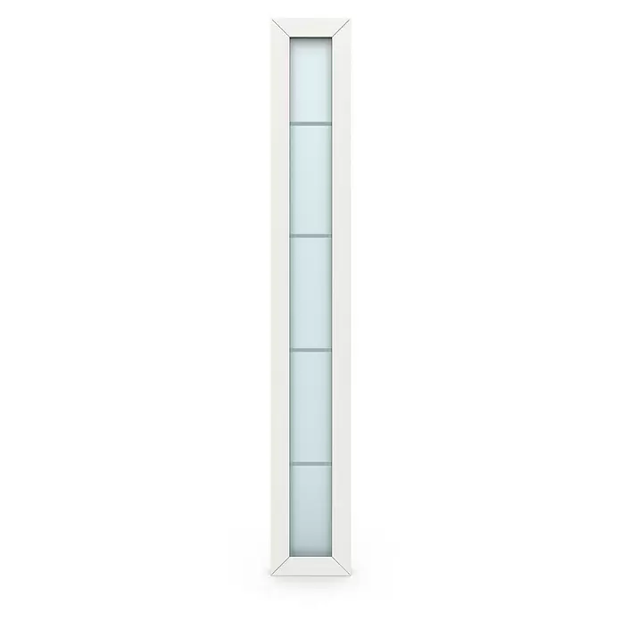 Gerda Seitenteil Thermo Prime - 30 x 210 cm, Weiß, Sandgestrahlt mit 4 Klarstreifen - Schmales, vertikales Paneel mit weißem Rahmen und hellblauem Milchglas, in mehrere Abschnitte unterteilt.