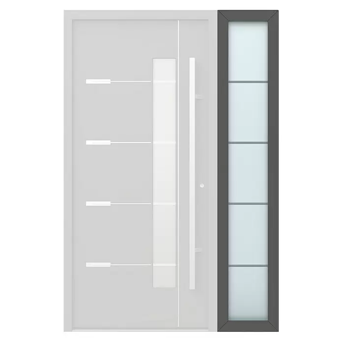 Gerda Seitenteil Thermo Prime - 40 x 210 cm, Anthrazitgrau, Sandgestrahlt mit 4 Klarstreifen - Moderne hellgraue Haustür mit langem weißem Griff und Zierlinien, sowie einem dunkelgrauen Seitenteil mit hellblauem Glas.