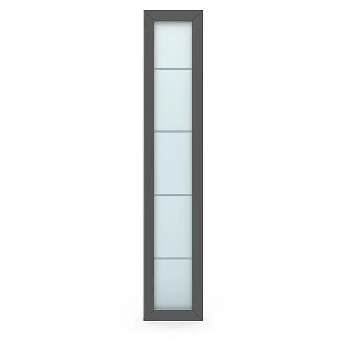 Gerda Seitenteil Thermo Prime - 40 x 210 cm, Anthrazitgrau, Sandgestrahlt mit 4 Klarstreifen - Schmales, hohes Fenster mit dunkelgrauem Rahmen und mehreren Abschnitten aus Milchglas, durch Querstreben unterteilt.