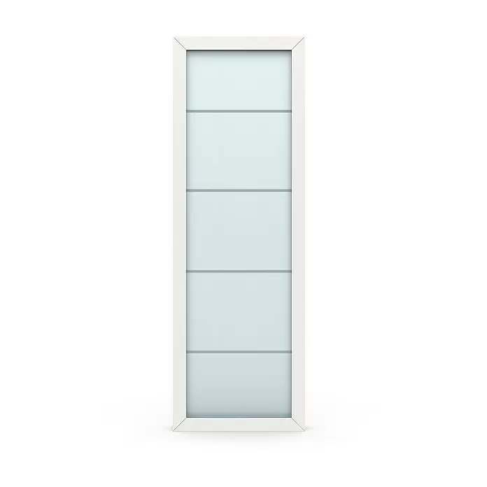 Gerda Seitenteil Thermo Prime - 70 x 210 cm, Weiß, Sandgestrahlt mit 4 Klarstreifen - Moderne weiße Innentür mit fünf hellblauen Milchglasscheiben.