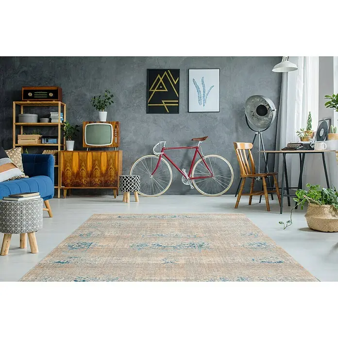 Kayoom Kurzflorteppich Baroque - Beige/Blau, 170 x 120 cm, 100 % Polyester - Ein stilvoller, gemusterter Teppich in Beige und Blautönen, der eine gemütliche Atmosphäre in jeden Raum bringt.