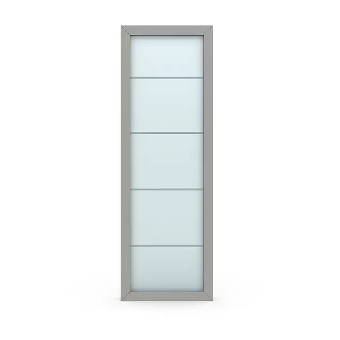Gerda Seitenteil Thermo Prime - 70 x 210 cm, Grau, Sandgestrahlt mit 4 Klarstreifen - Grauer Türflügel mit hellblauen, horizontal geteilten Abschnitten.