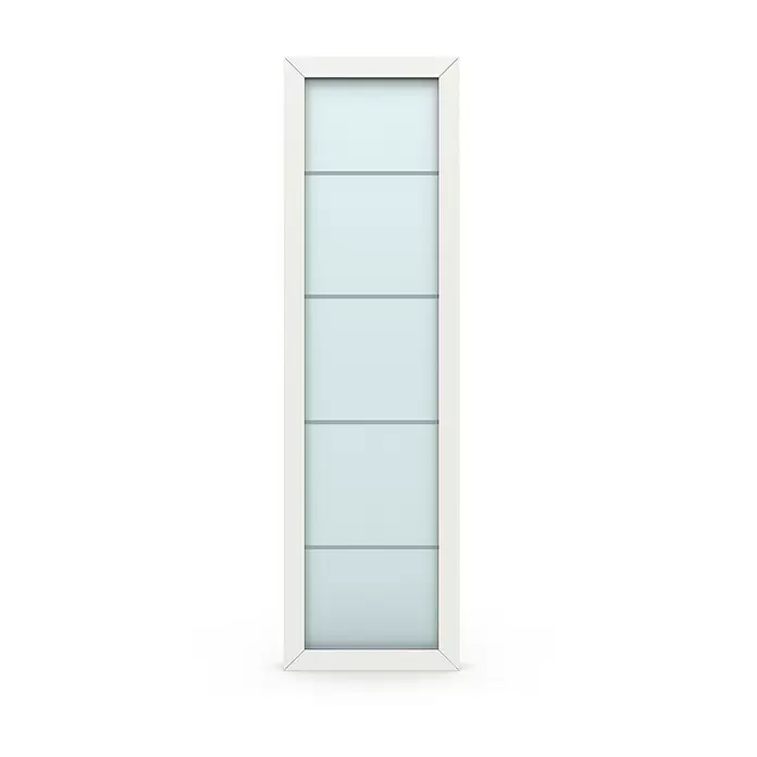 Gerda Seitenteil Thermo Prime - 60 x 210 cm, Weiß, Sandgestrahlt mit 4 Klarstreifen - Vertikales weiß gerahmtes Türpaneel mit mattblauen Glasabschnitten.