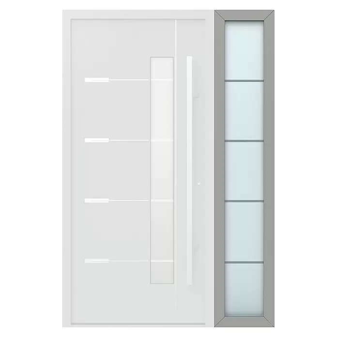 Gerda Seitenteil Thermo Prime - 40 x 210 cm, Grau, Sandgestrahlt mit 4 Klarstreifen - Moderne weiße Tür mit langem Griff, Milchglaseinsätzen und schmalem Milchglas-Seitenteil mit grauem Rahmen.