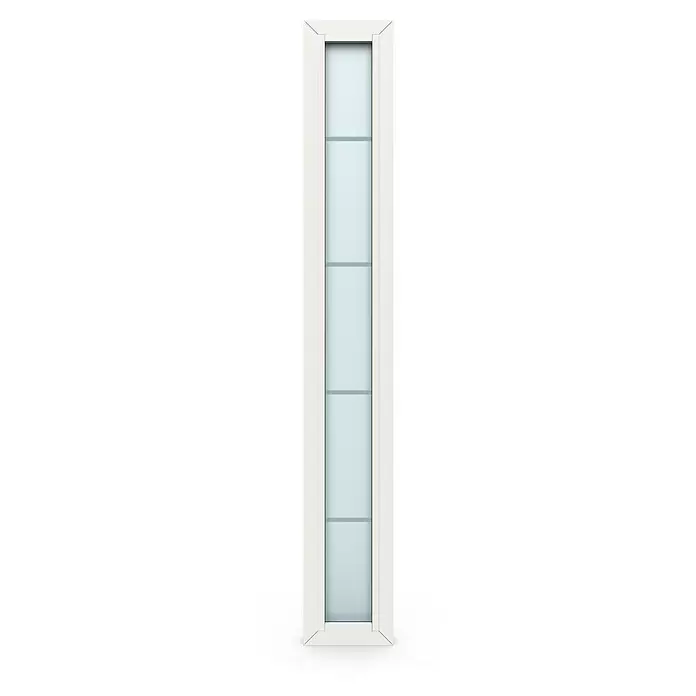 Gerda Seitenteil Thermo Prime - 30 x 210 cm, Weiß, Sandgestrahlt mit 4 Klarstreifen - Schmales, vertikales Fenster mit weißem Rahmen und hellblauem Mehrscheibenglas.
