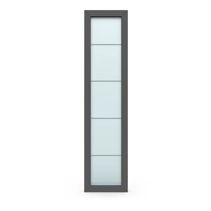 Gerda Seitenteil Thermo Prime - 50 x 210 cm, Anthrazitgrau, Sandgestrahlt mit 4 Klarstreifen - Schmales vertikales Fenster mit dunkelgrauem Rahmen und mehreren Milchglasscheiben.