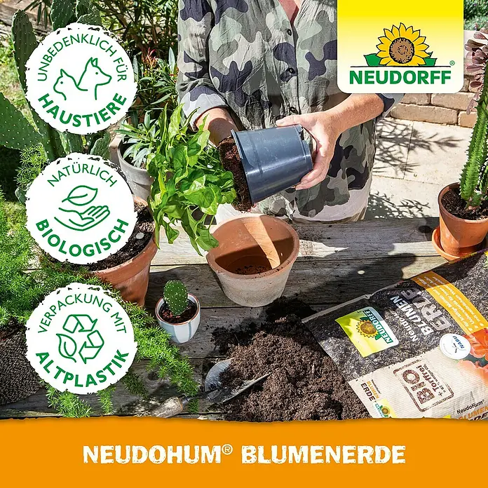 Neudorff NeudoHum Blumenerde - 3 l - Bild von NEUDOHUM® Blumenerde, ideal für gesunde Pflanzen. Torffreie Rezeptur mit recycelter Plastikverpackung, sicher für Haustiere und biologisch.