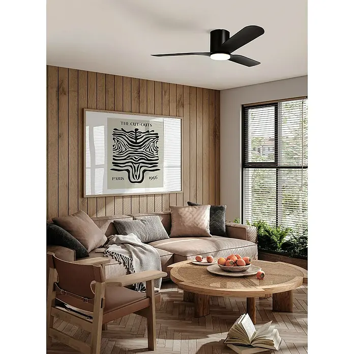 Voltomat Deckenventilator mit LED-Beleuchtung Mattia - Schwarz-matt, 132 cm, 60 W - Wohnzimmer mit modernem Deckenventilator in Schwarz, der für eine angenehme Brise und stilvolle Beleuchtung sorgt.