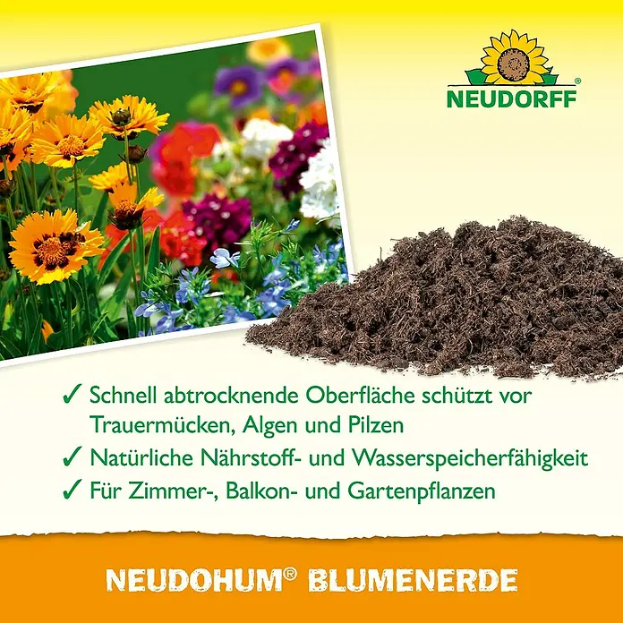 Neudorff NeudoHum Blumenerde - 3 l - Produktbild von Neudorff Neudohum Blumenerde, die eine schnell trocknende Oberfläche bietet und für Zimmer-, Balkon- und Gartenpflanzen geeignet ist.