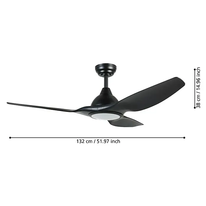Deckenventilator mit LED-Beleuchtung Matteo - Schwarz-matt, 132 cm, 52 W - Abbildung eines schwarzen Deckenventilators mit drei Flügeln und integrierter Beleuchtung, der für ein modernes Ambiente sorgt.