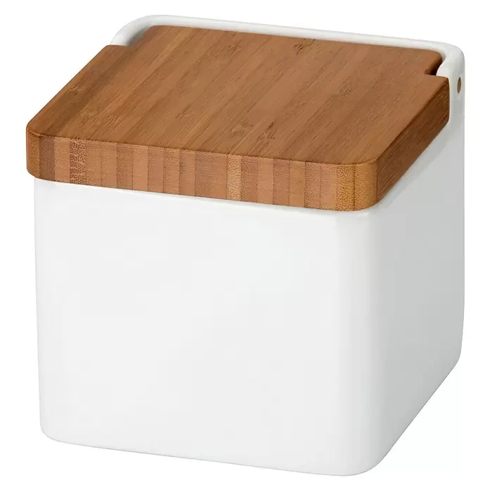 Tescoma Vorratsdose Online - L x B x H: 11 x 11 x 11 cm, Bambus, Weiß - Weißer Keramikbehälter mit rechteckigem Bambusdeckel für die Küchenaufbewahrung.
