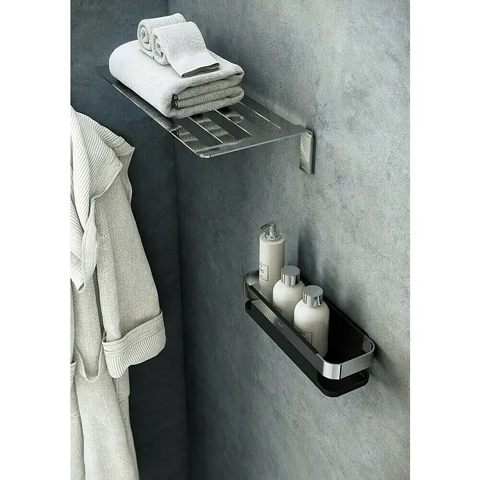 Cosmic Cesta de baño Line - 10,6 x 30 x 8 cm, Acero inoxidable, Cromo/Negro - Elegante organización del baño con un toallero de acero inoxidable y una estantería negra para lociones y jabones.