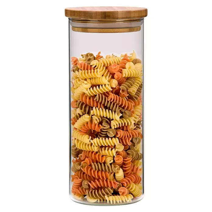 Tescoma Vorratsdosen-Set Fiesta - 1.800 ml, Bambus - Hohes Glasgefäß mit Bambusdeckel, gefüllt mit bunter Spiralnudeln.