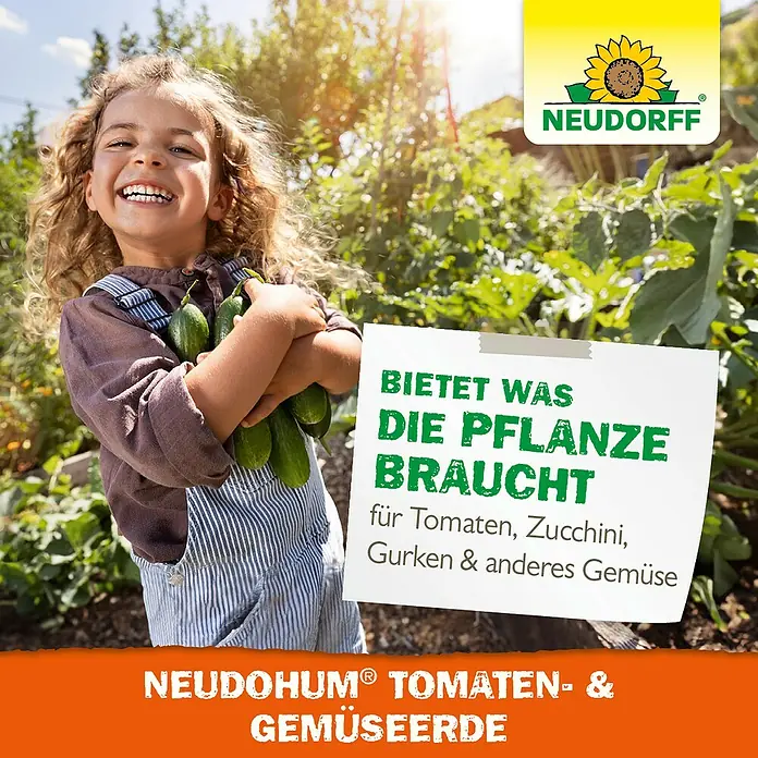 Neudorff NeudoHum Tomaten- & Gemüseerde - 20 l - Fröhliches Kind mit Neudohum® Tomaten- & Gemüseerde, ideal für Tomaten, Zucchini und Gurken.