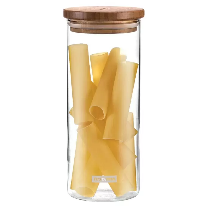 Tescoma Vorratsdosen-Set Fiesta - 1.800 ml, Bambus - Glasvorratsdose mit Bambusdeckel, gefüllt mit Cannelloni-Nudeln.