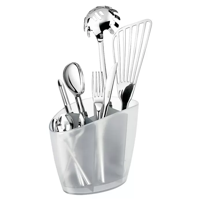 Tescoma Geschirrkorb Clean Kit - Kunststoff - Transparenter Kunststoff-Utensilienhalter mit silbernen Küchenwerkzeugen, inkl. Spaghettilöffel und Pfannenwender.