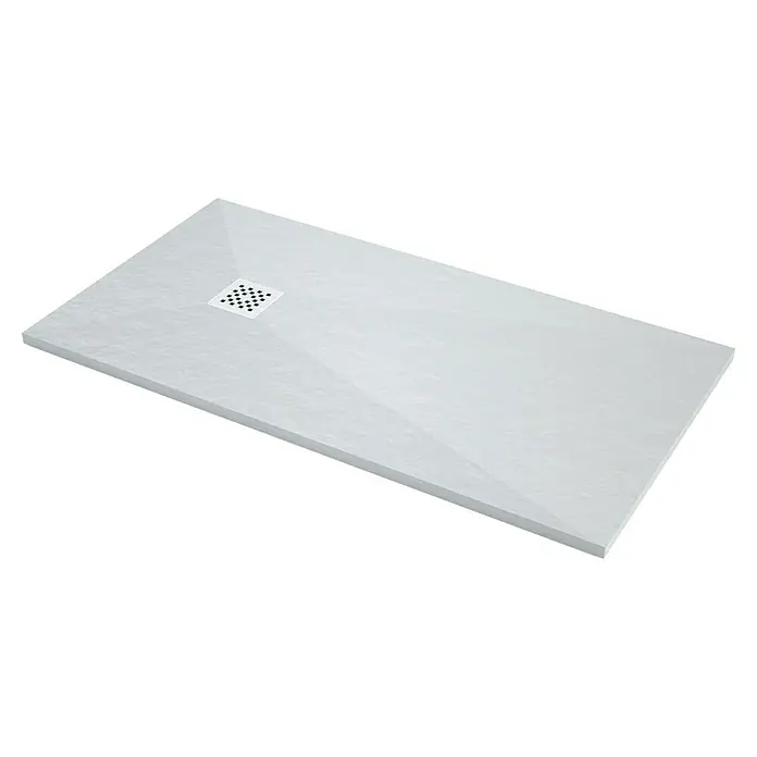 Plato de ducha aligerado Terra - L x An: 80 x 160 cm, Carga mineral, Blanco - Plato de ducha rectangular blanco con desagüe central, ideal para baños modernos. Su diseño de bajo perfil garantiza un fácil acceso.