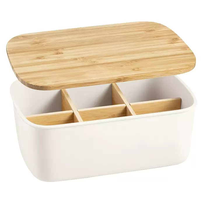 Tescoma Beutelspender Online - L x B x H: 23,5 x 17 x 9,5 cm, Passend für: Tee - Weiße Organizer-Box mit Bambusdeckel und internen Fächern.