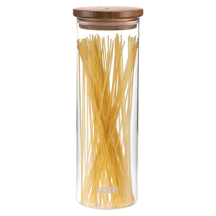 Tescoma Vorratsdosen-Set Fiesta - 1.800 ml, Bambus - Hohes Glas-Vorratsgefäß mit Bambusdeckel, gefüllt mit Spaghetti.