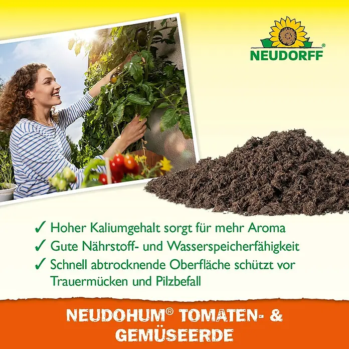 Neudorff NeudoHum Tomaten- & Gemüseerde - 20 l - Bild von Neudohum Tomaten- & Gemüseerde, die für mehr Aroma und Nährstoffe sorgt und vor Trauermücken schützt.