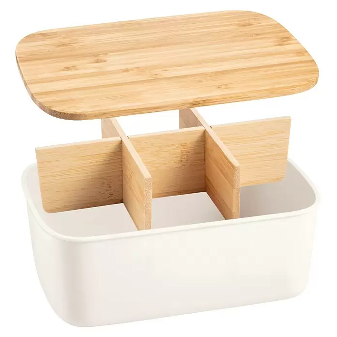 Tescoma Beutelspender Online - L x B x H: 23,5 x 17 x 9,5 cm, Passend für: Tee - Weißer rechteckiger Organizer mit Bambusteilern und passendem Bambusdeckel.