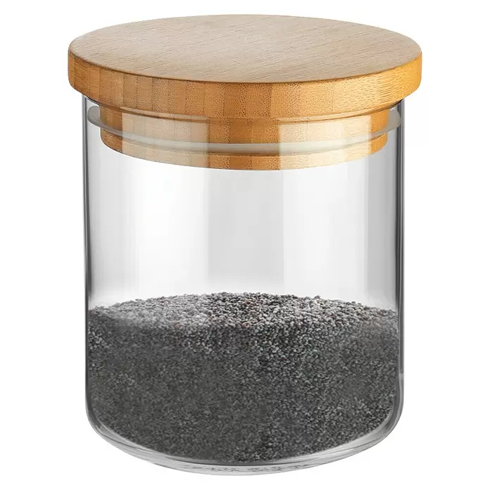 Tescoma Vorratsdosen-Set Fiesta - 500 ml, Glas - Klares Glasgefäß mit hellem Holzdeckel, gefüllt mit dunklem Mohn.