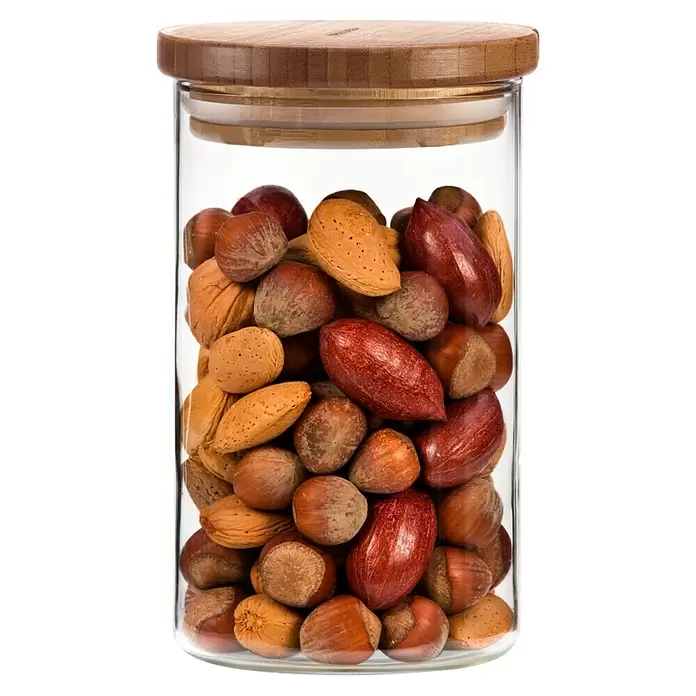 Tescoma Vorratsdosen-Set Fiesta - 800 ml, Bambus - Glasvorratsglas mit Holzdeckel, gefüllt mit verschiedenen Nüssen.