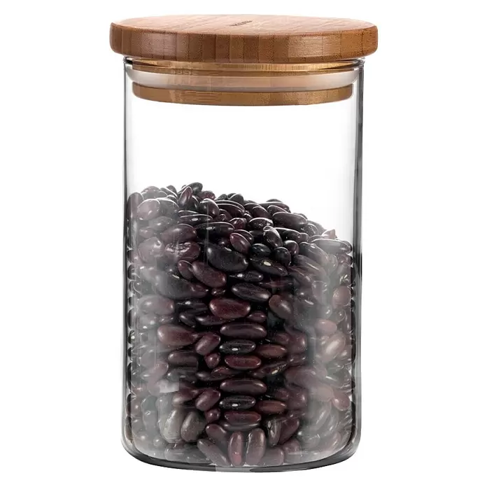 Tescoma Vorratsdosen-Set Fiesta - 800 ml, Bambus - Glasvorratsbehälter mit roten Kidneybohnen und Holzdeckel.