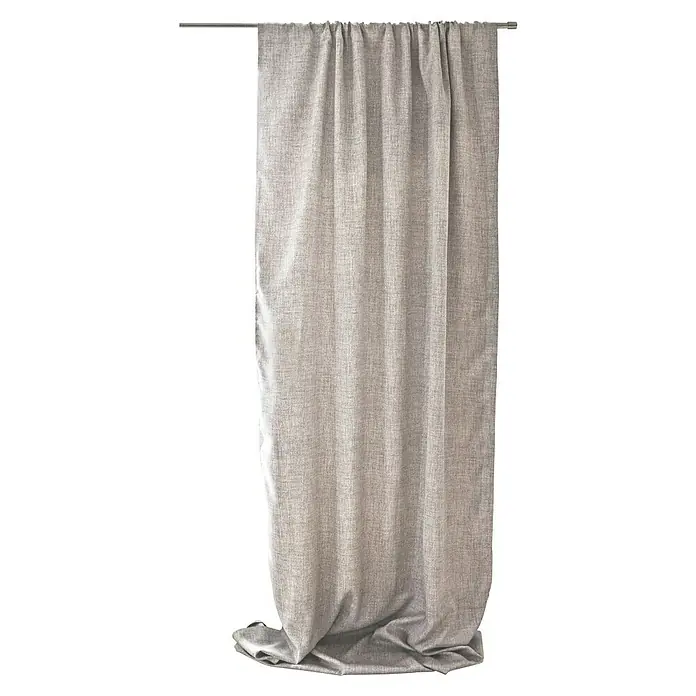 Cortinas Oscurante Pasabarra Termorreguladora - An x Al: 140 x 300 cm, Gris, Textil - Una cortina gris claro cuelga elegantemente de una barra, con un tejido sutilmente texturizado que añade un toque refinado al ambiente.