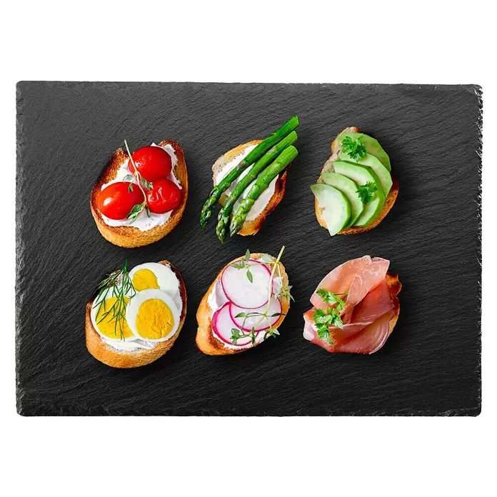 Tescoma Serviertablett Grandchef - L x B: 30 x 20 cm, Steingut - Sechs verschiedene Bruschettas mit frischen Belägen: Gemüse, Ei, Avocado, Schinken.