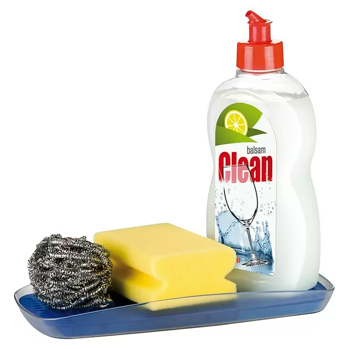 Tescoma Schale Clean Kit - Blau - Weiße Spülmittelflasche mit roter Kappe, gelber Schwamm und Stahlwollschwamm auf einem blauen Tablett.