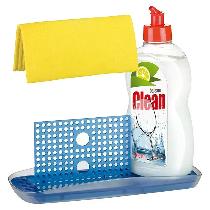 Tescoma Schale Clean Kit - Blau - Gelbes Reinigungstuch, Spülmittelflasche und blauer Geschirrabtropfständer in einer Schale für die Küchenreinigung.