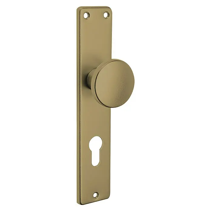 Portaferm Knopfkurzschild F4 - Distanznorm: 72 mm, Aluminium - Nahaufnahme einer Türgarnitur in Messingoptik mit einem runden Türknauf und einer länglichen Rosette mit Schlüsselloch.