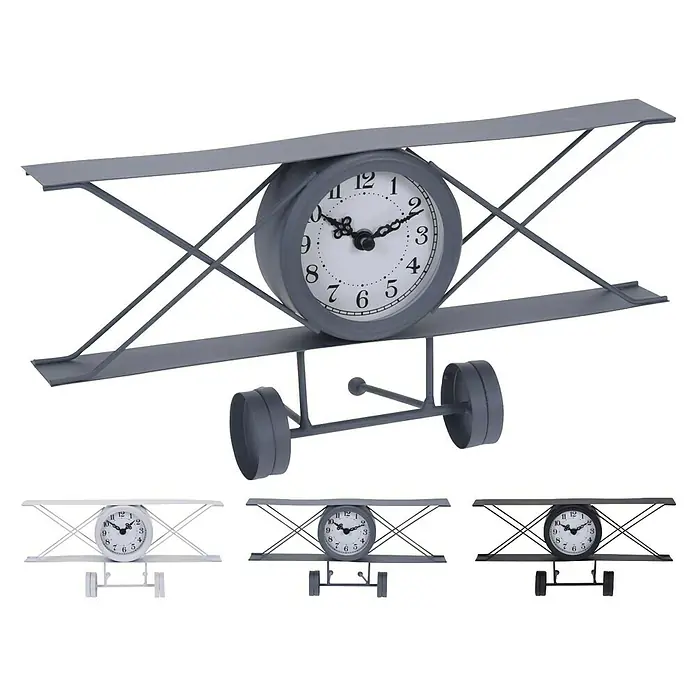 Reloj de mesa - Gris, An x Al: 30 x 15 cm - Decoración de reloj de mesa de avión gris. Diseño vintage con alas detalladas y esfera funcional, ideal para amantes de la aviación.