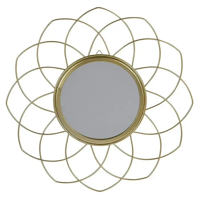 Espejo de pared Flor Oro - 27 x 27 cm - Espejo decorativo dorado con un delicado marco de metal floral para una decoración de pared elegante.