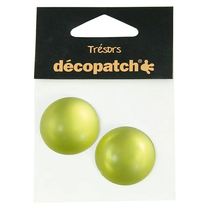 Décopatch Pieza decorativa Trésors Cercles - 2 ud., Verde, 3 x 2 cm - Imagen del producto de dos adornos Decopatch brillantes, redondos y de color verde claro en un paquete de producto.