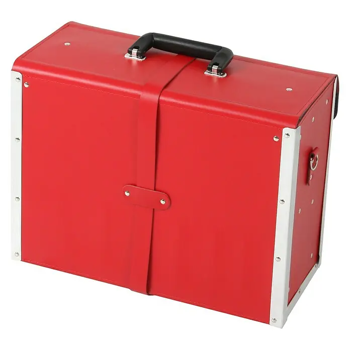 Hepco & Becker Werkzeugtasche Favorit 7123 - Innenmaß: B x T x H: 450 x 340 x 190 mm, Leder, Rot - Roter Lederkoffer mit schwarzem Griff und silberfarbenen Akzenten, ideal für stilvolle Aufbewahrung und Transport von Gegenständen.