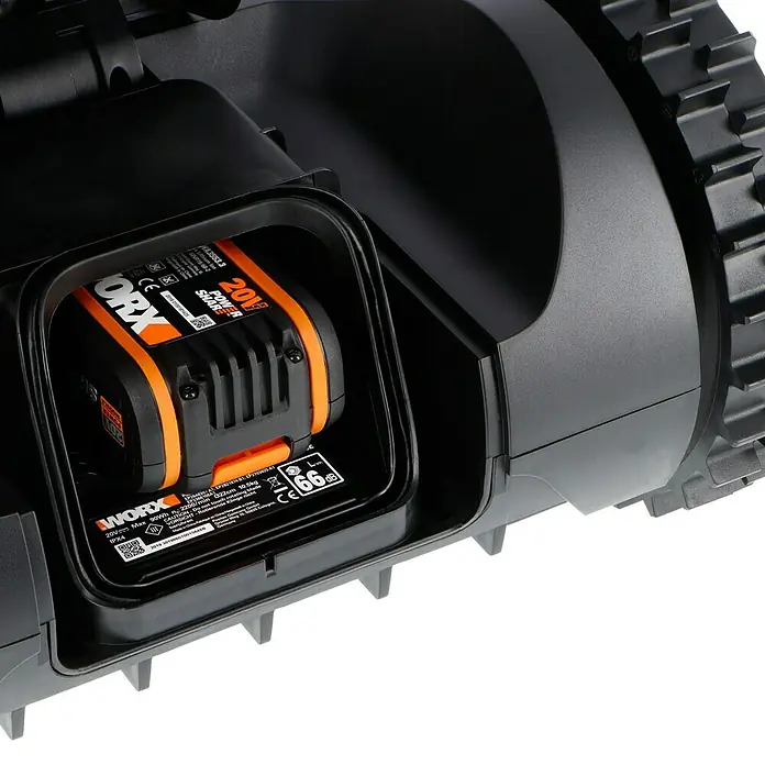 Worx PowerShare 20V Mähroboter Landroid L2000 - 2.000 m², Schnittbreite: 22 cm, Induktionsgestützte Navigation, Begrenzungskabel - Nahaufnahme des Worx Akkus WA3553.3, ein 20V Power Share Akku für Worx Geräte. Ideal für kabellose Freiheit bei Gartenarbeiten.